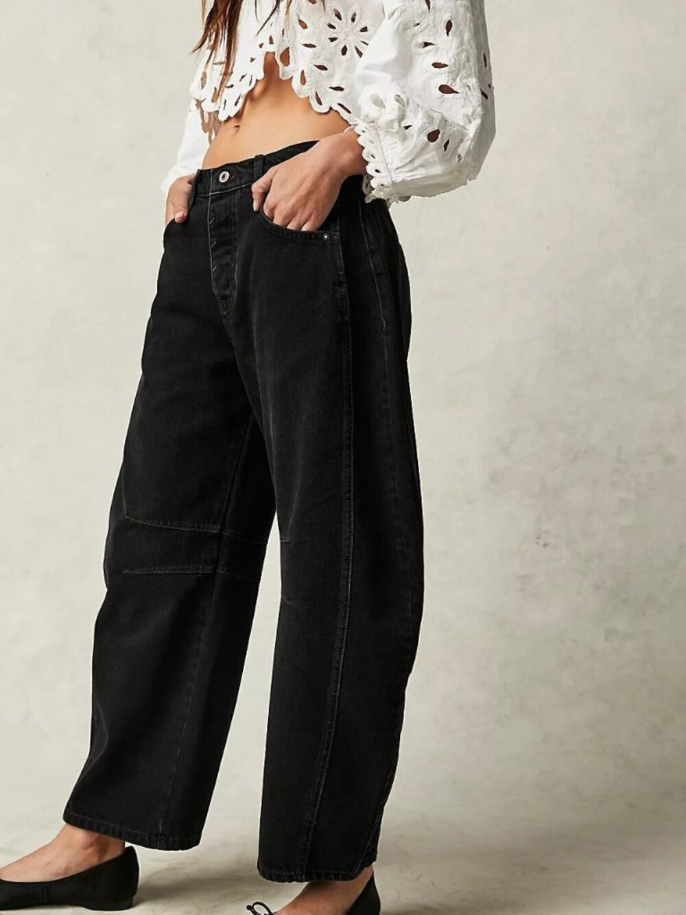 B18 Washed Denim Barrel Jeans High Waist Black NEW